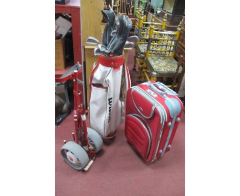 Howson Golf Clubs, balls, etc, in bag and Stowaway trolley, plus Liquin suitcase.