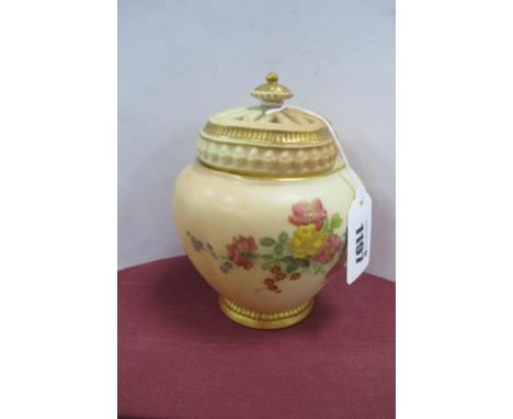 Royal Worcester Pot Pourri, circa 1900 hand painted with colourful flowers and foliage on blush ivory ground, rounded quatref