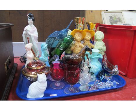 Three XIX Century Cranberry Custard Glasses, Caithness scent bottle, Avon perfume bottles, Japanese geisha figure, etc:- One 