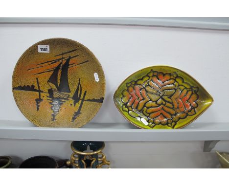 Poole Pottery "Aegean" Pattern Plate, decorated with a sailing boat 27cms, together with a Poole Pottery Aegean" pattern oval