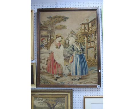XIX Century Tapestry, Ladies in Conversation, 81.5 x 63cm, oak framed.