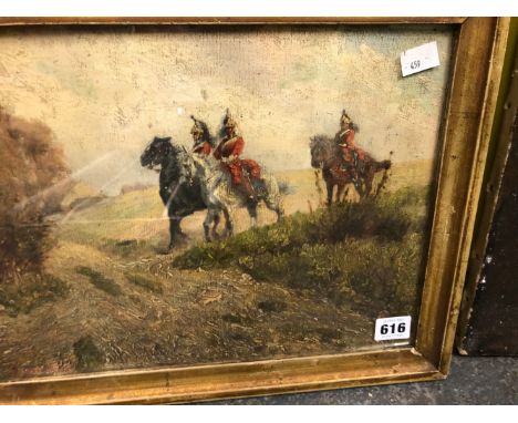 19th/20th CENTURY ENGLISH SCHOOL MOUNTED CAVALRY OFFICERS SIGNED INDISTINCTLY OIL ON CANVAS LAID DOWN 26 x 34 cms TOGETHER WI