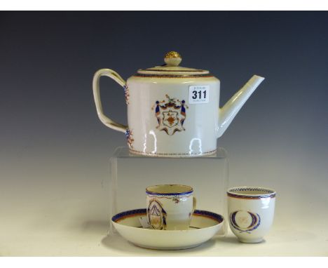TWO LATE 18th/EARLY 19th C. CHINESE COFFEE CUPS, A SAUCER AND A TEA POT AND COVER, EACH PAINTED WITH SHIELDS BEARING INITIALS