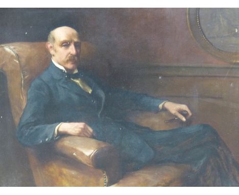 LATE 19th CENTURY ENGLISH SCHOOL PORTRAIT OF DISTINGUISHED SEATED GENTLEMAN, SIGNED  INDISTINCTLY OIL ON CANVAS 56 x 67 cms