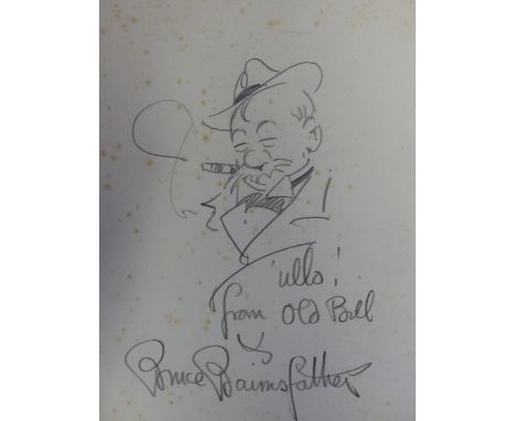 "BRUCE BRAINSFATHER" (EARLY 20th CENTURY) A COMIC PENCIL PORTRAIT SKETCH WITH INSCRIPTION AND SIGNATURE 29 x 23 cms