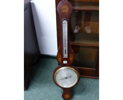 A SHELL AND ROSETTE MARQUETRIED MAHOGANY BAROMETER WITH AN ALCOHOL THERMOMETER ABOVE THE SILVERED DIAL INSCRIBED FOR A PRESTO