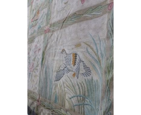 A VINTAGE CREWEL WORK CARPET WITH PANELS OF GAME BIRDS AND FLOWERS 364 X 246 cm