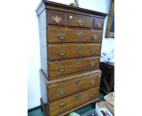 A GEORGE III OAK AND PINE TALLBOY CHEST ON CHEST, ON BRACKET FEET. W 102 H 170 D 53 CM