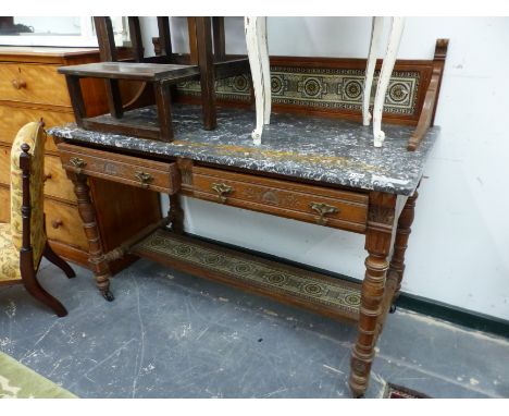 A LATE VICTORIAN AESTHETIC MARBLE TOP TILE BACK WASHSTAND. H 114 X W 123 X D 62cms. 