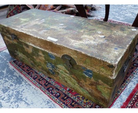 A CHINESE CHINOISERIE DECORATED VELLUM TRUNK WITH IRON HANDLES AT THE NARROW ENDS. W 114 x D 45 x H 38cms.