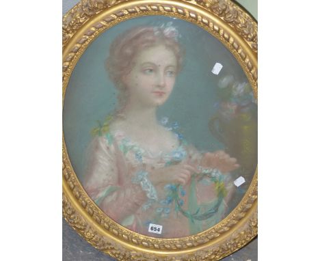 19th CENTURY CONTINENTAL SCHOOL,OVAL PORTRAIT OF A GIRL HOLDING A GARLAND OF FLOWERS SIGNED INDISTINCTLY PASTEL 53 x 46 cms