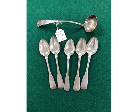 A SILVER KINGS PATTERN TODDY LADLE BY ROBERT NAUGHTON, INVERNESS TOGETHER WITH FIVE FIDDLE PATTERN TEA SPOONS, PROBABLY SCOTT