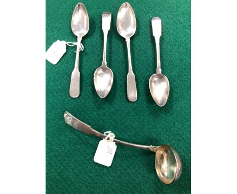 A GEORGE III SILVER FIDDLE AND SHELL PATTERN TODDY LADLE BY CHARLES MURRAY, PERTH TOGETHER WITH THREE FIDDLE PATTERN TEA SPOO