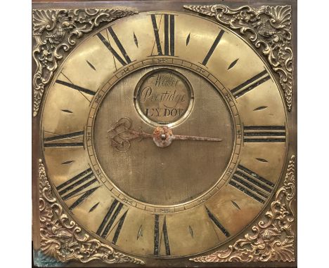 AN 18th CENTURY BRASS FACE SINGLE HAND 30 HOUR CLOCK BY WALTER PRESTIDGE OF EYDON, LATER CASED IN A PINE LONG CASE.