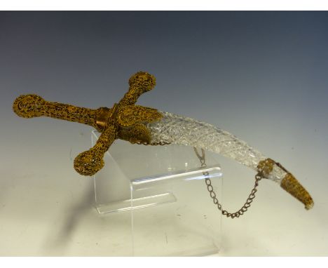 A LATE 19th C. FRENCH GILT FILIGREE MOUNTED CUT GLASS DAGGER FORM SCENT BOTTLE AND STOPPER.   H 34cms.