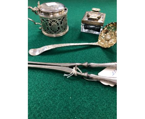 A VICTORIAN SILVER DRUM MUSTARD BY BARNARDS, LONDON 1874, A MID 19th C. SILVER TOPPED GLASS INKWELL, A SILVER SIFTER BERRY SP