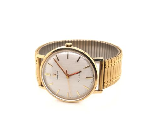A VINTAGE 9ct GOLD GENTLEMAN'S OMEGA GENEVE MANUAL WOUND WATCH. PURCHASED IN 1970, COMPLETE WITH ORIGINAL GUARANTEE BOOKLET A