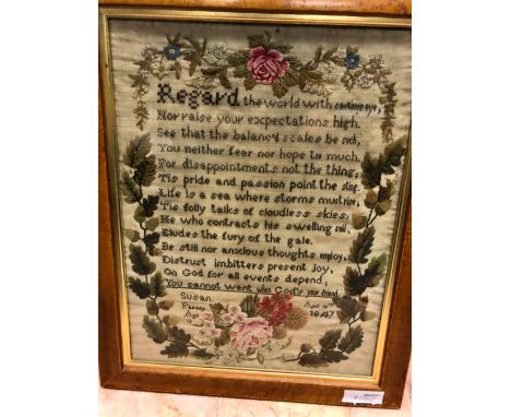 SUSAN PASSEY, HER 1847 SAMPLER WORKED WITH A VERSE WITHIN A GARLAND OF FLOWERS, ACORNS AND OAK LEAVES, THE BURR MAPLE FRAME. 