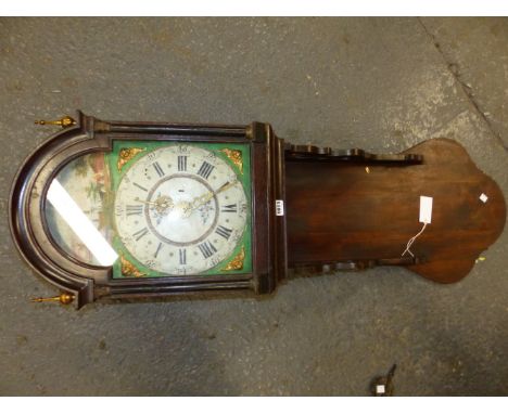 A 19th C. 30 HOUR WALL CLOCK, THE PAINTED DIAL WITH GREEN SPANDRELS AND TWO YACHTS BY A WINDMILL IN THE ARCH, THE ROUND ARCH 
