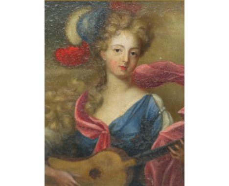 OLD MASTER SCHOOL PORTRAIT OF A YOUNG LADY PLAYING A STRING INSTRUMENT, OIL ON COPPER 16 x 14 cms