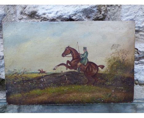 19th CENTURY ENGLISH NAIVE SCHOOL "TAKING THE FENCE" 15 x 23 cms UNFRAMED, TOGETHER WITH A 19th CENTURY PORTRAIT OF A RACE HO