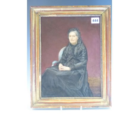 A FRAMED PORCELAIN PLAQUE PAINTED IN 1878 BY L RICHAW WITH A PORTRAIT OF MADAME EMILE LEBON OF DIEPPE SEATED WEARING BLACK AG