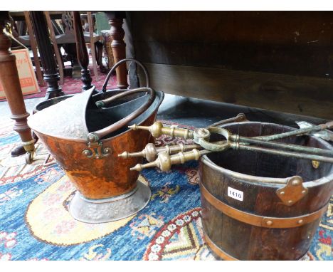 THREE COPPER COAL BUCKETS A SET OF ARTS AND CRAFTS FIRE TOOLS, AND A LISTER OAK BUCKET.