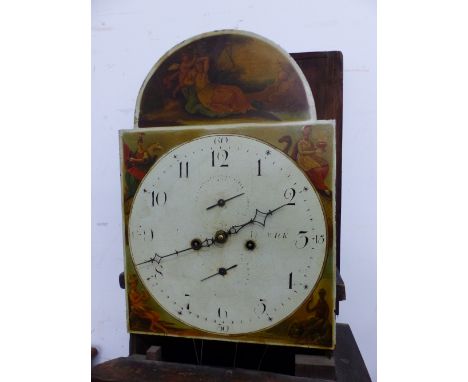 A 19th CENTURY OAK CASED 8 DAY LONG CASED CLOCK WITH PAINTED ARCHED DIAL. 