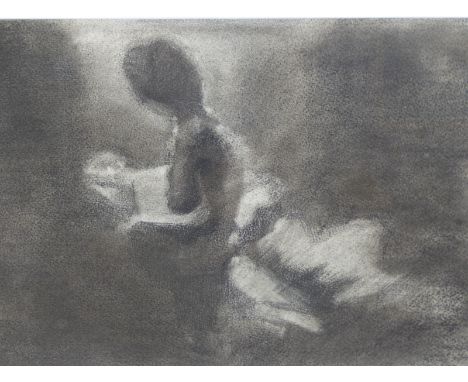 CONTEMPORARY ENGLISH SCHOOL PORTRAIT OF A GIRL READING, CHARCOAL DRAWING. 37 x 50cms