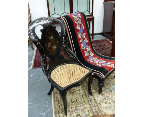 A VICTORIAN PAPIER MACHE MOTHER OF PEARL AND HAND PAINTED LADIES CHAIR, TOGETHER WITH AN EBONISED AND BEAD WORK PANEL UPHOLST
