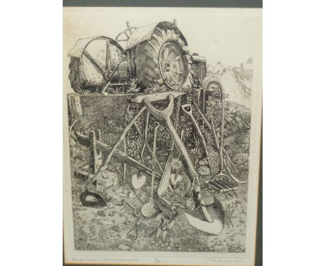 CHARLES CHAPLIN (1907-1987) ARR. OLD TRACTOR WITH GARDEN TOOLS, PENCIL SIGNED LIMITED EDITION PRINT. 30 x 20cms