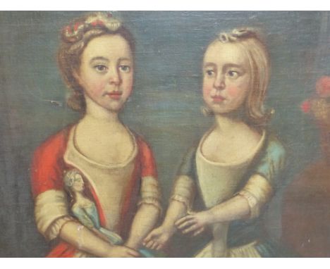 18th CENTURY NAIVE SCHOOL A PORTRAIT OF TWO SISTERS ONE HOLDING A DOLL, OIL ON CANVAS 61 x 72 cms CARVED GILTWOOD FRAME