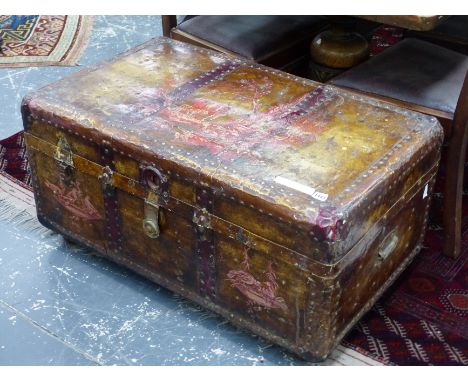 A VINTAGE HAND PAINTED LARGE CABIN TRUNK RAISED ON TURNED LEGS. H 49 X W 99 X D 60cms. 