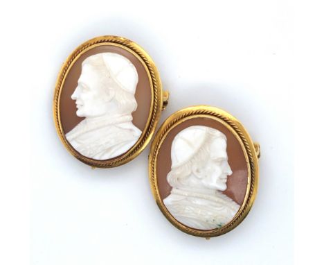 TWO VINTAGE CARVED SHELL CAMEO BROOCHES DEPICTING PAPAL PORTRAIT BUSTS. UNHALLMARKED, ASSESSED AS 9ct GOLD. MEASUREMENTS, LEN