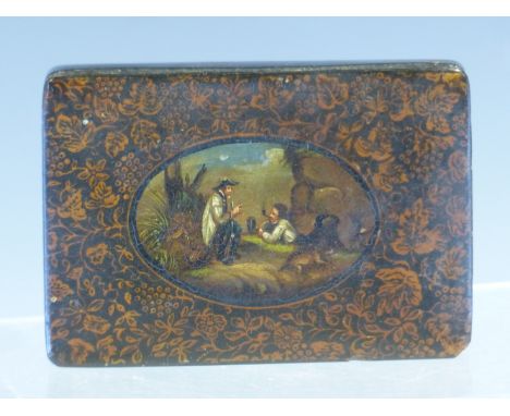 A VICTORIAN PAPIER MACHE SNUFF BOX, THE RECTANGULAR LID PAINTED WITH AN OVAL OF TWO MEN TALKING IN A LANDSCAPE.   W 8.5cms.