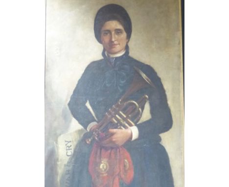 E. K. BROWNE, 19th C. ENGLISH SCHOOL PORTRAIT OF A LADY HOLDING A TRUMPET IN A SALVATION ARMY BAND, SIGNED OIL ON CANVAS 112 