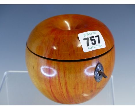 AN APPLE FORM SINGLE COMPARTMENT TEA CADDY, THE WOOD STREAKED IN RED.   Dia. 10cms.