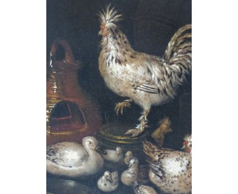 OLD MASTER SCHOOL CHICKENS AND DUCKS BY A FEEDER, OIL ON PANEL 79 x 59 cms