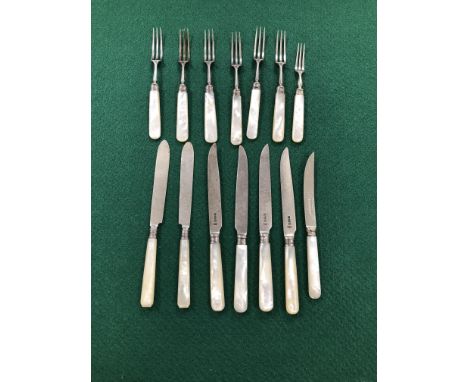 SIX MOTHER OF PEARL HANDLED FORKS AND FOUR KNIVES BY MAPPIN AND WEBB, SHEFFIELD 1904, A KNIFE AND FORK SIMILAR BY JAMES DIXON