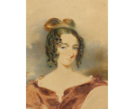 19th CENTURY ENGLISH SCHOOL, PORTRAIT OF A YOUNG LADY SIGNED "SKINNER" WATERCOLOUR IN A SHAPED MOUNT 32 x25 cms