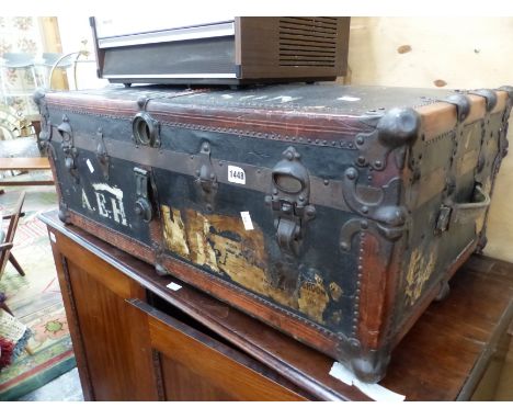 A GOOD QUALITY LEATHER AND IRON BOUND CABIN TRUNK, BY J GRANT. W 88 x H 33 x D 43 cms