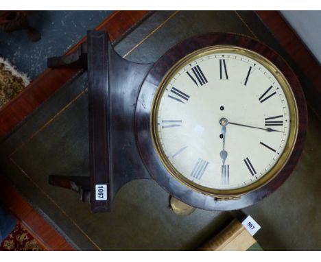 AN EARLY 19TH CENTURY MAHOGANY AND CHEVRON BANDED BRACKETED WALL CLOCK WITH TWIN FUSEE BELL STRIKE MOVEMENT.