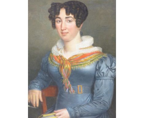 EARLY 19th CENTURY CONTINENTAL SCHOOL PORTRAIT OF A YOUNG LADY HOLDING A BOOK, OIL ON CANVAS, 82 x 66 cms