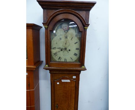 A 19th CENTURY OAK CASED LONG CASE CLOCK WITH PAINTED ARCH DIAL SIGNED CYREUS CREER, TETBURY. 