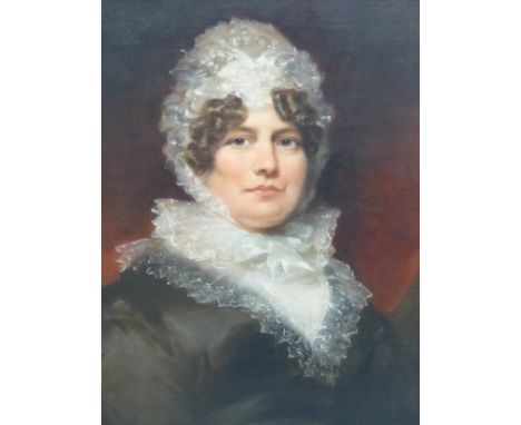 19th CENTURY ENGLISH SCHOOL, A PORTRAIT OF A LADY WEARING A BONNET, OIL ON CANVAS 76 x 64 cmsFROM THE ESTATE OF THE LATE PHIL
