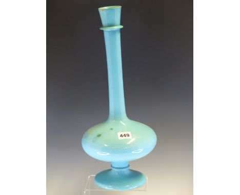 A TURQUOISE POTTERY HOOKAH PIPE BASE, POSSIBLY 19th C. KASHAN, THE TALL NECK FLARING ABOVE A DISC KNOP, THE COMPRESSED SPHERI