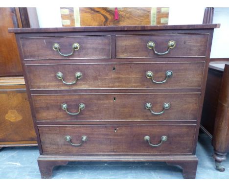 A GEORGE III MAHOGANY SMALL FIVE DRAWER CHEST ON BRACKET FEET. H 83 X W 90 X D 51cms. 