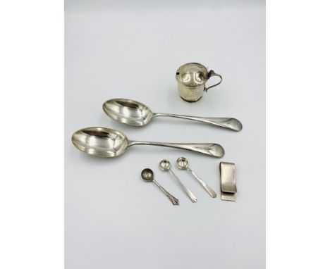 Silver mustard pot requiring repair; three silver cruet spoons; and a silver paper clip, total 88.5gms; together with two sil