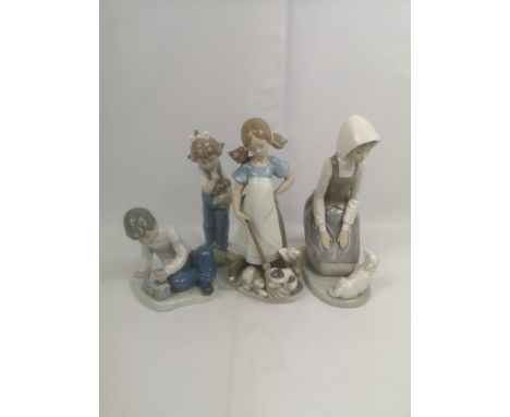 A Lladro figure of a girl sweeping, 21cms; together with three Nao figures. Estimate: £15-40