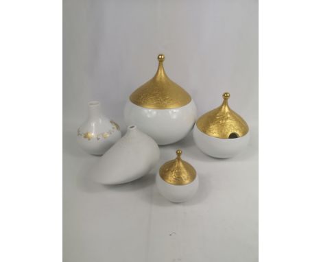 Set of three Rosenthal lidded jars with gilt lids, middle jar with spoon hole, 21cms largest; together with two Rosenthal cer